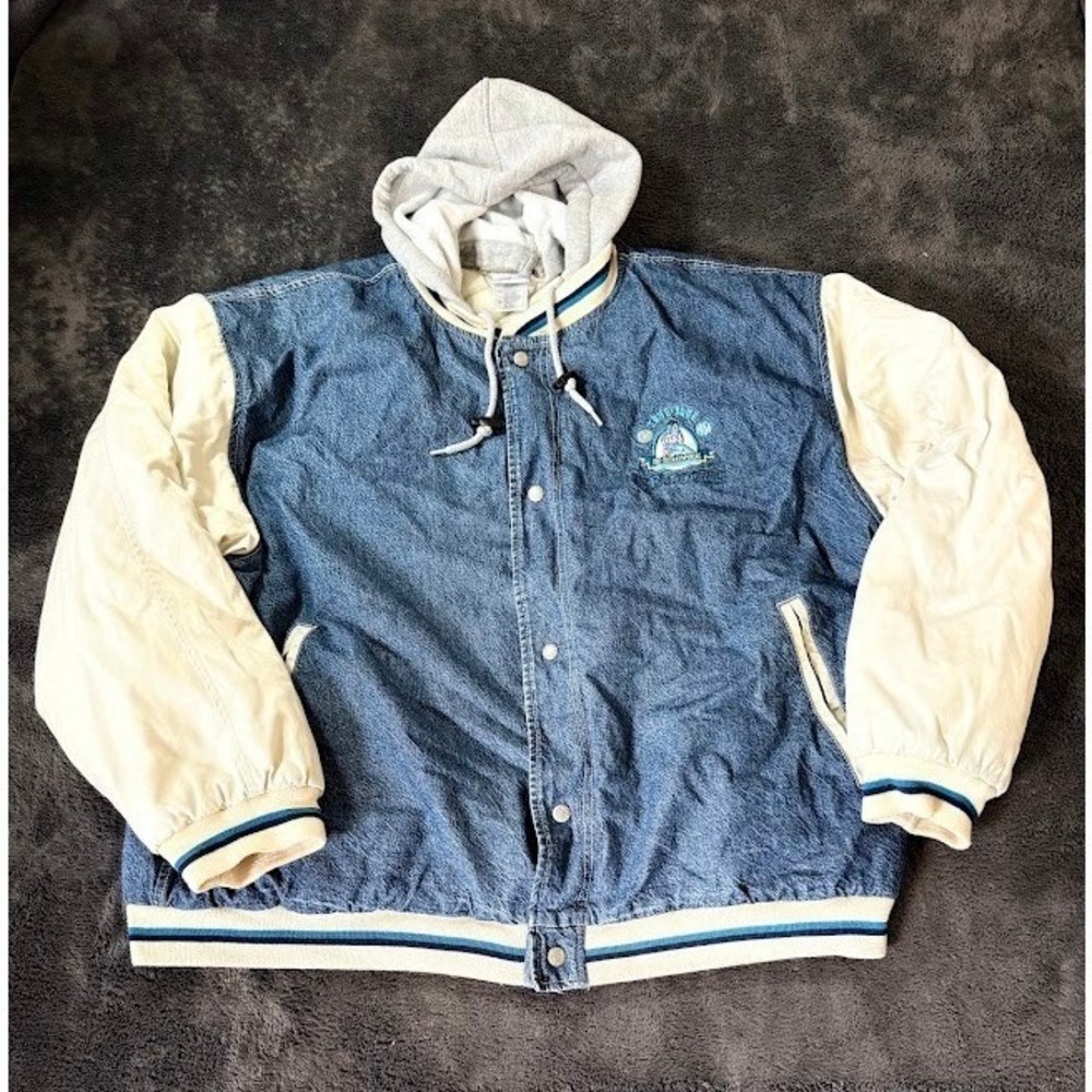 Vintage Disney Store Eeyore Denim Varsity Jacket Hooded Blue Cream XL